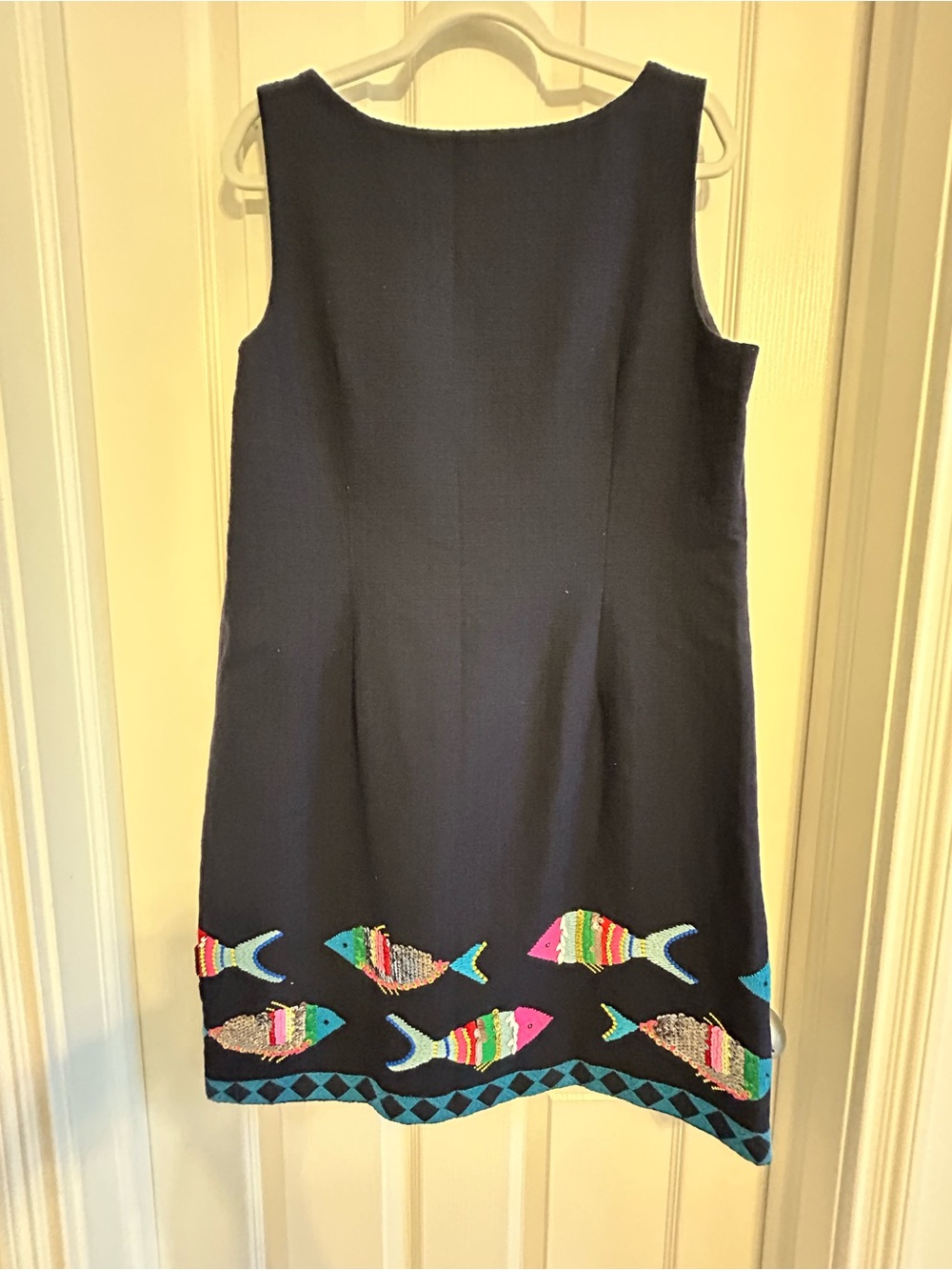 Talbots Navy Sleeveless Shift Dress with Colorful Fish Embroidery - Picture 2 of 6